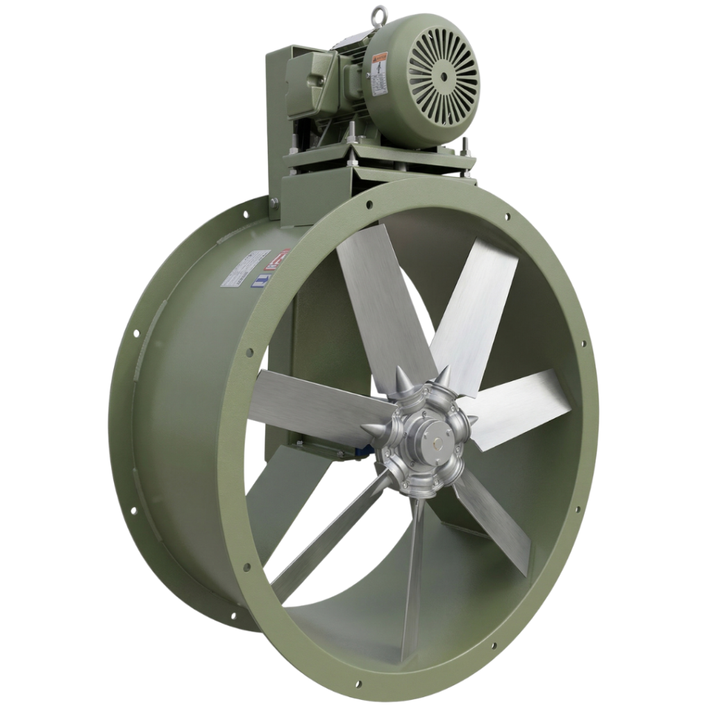 Extractor tubo axial industrial de alta eficiencia para cabinas de pintura y procesos de enfriamiento, diseñado con cálculo de ingeniería térmica en Querétaro por CEIBSA.